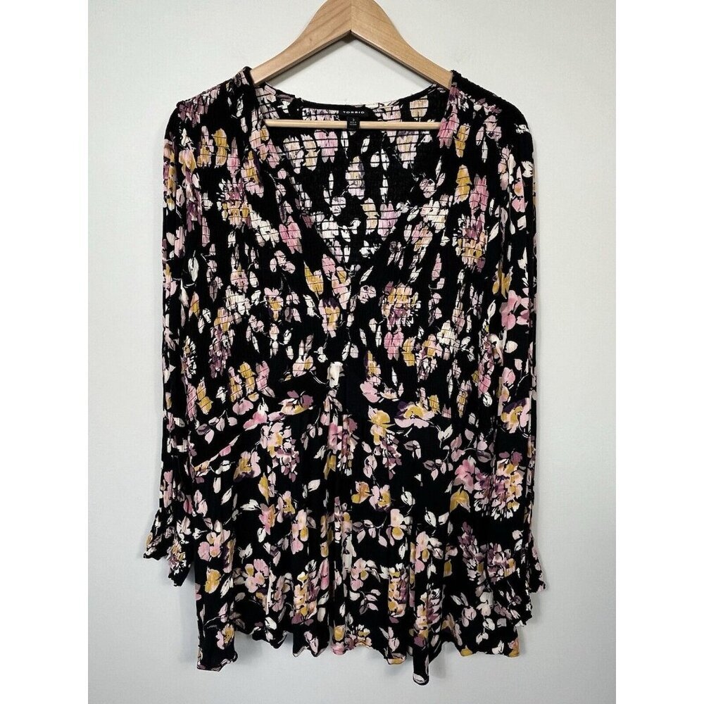 Torrid Blouse Womens 3X Black Pink Floral Babydoll Top Smocking Long Sleeve